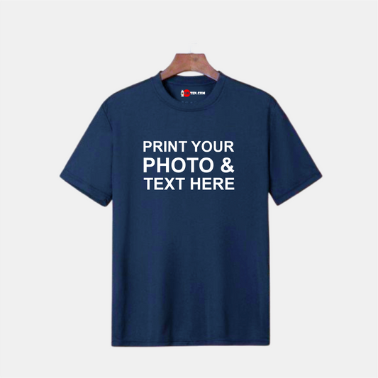 Navy Blue Couple Friendly Custom Photo + Name Printed T-Shirt – Your Design, Your Style | Navy Blue Cotton Tee